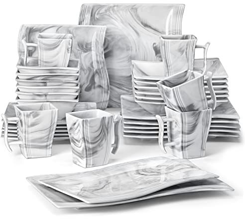 MALACASA Série FLORA, 32 Pcs Service de Table Porcelaine Marbre,Services Complets, 6 Pcs * [Assiette Plat][Assiette Creuse][Assiette à Dessert][Bol à Céréale][Mugs],2*[Assiette Rectangulaire]