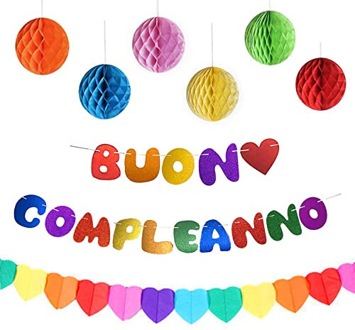 Striscioni Buon Compleanno Festone Buon Compleanno Banner Bandiera Bandierine Happy Birthday in Italiano Ghirlanda di Cuore Sfere di Carta Addobbi Set Decorazioni Multicolore per Festa di Compleanno