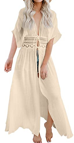 FANCYINN Kimono da Spiaggia in Pizzo da Donna Cardigan Aperto sul Davanti Costume da Bagno Bikini da Spiaggia all'Uncinetto Copricostume Albicocca L