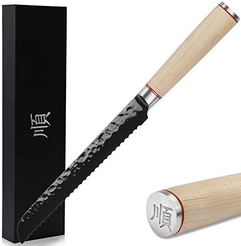 YOUSUNLONG Couteau à pain dentelé 203 mm Lame en acier japonais AUS8 revêtue de titane noir - manche en érable canadien naturel
