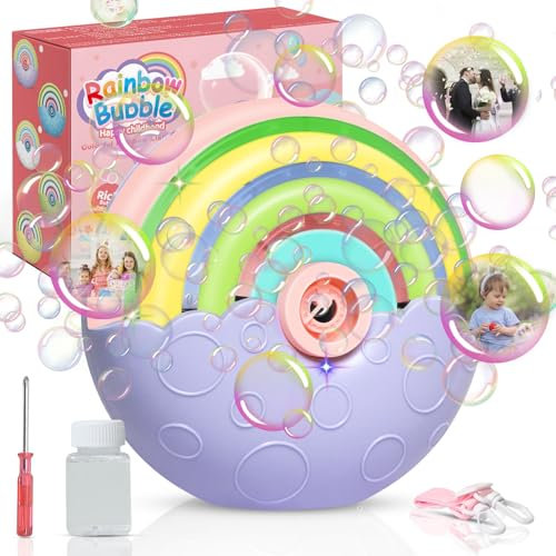 Bubble Machine Portable Automatic Bubble Blower Machine For kids, 2000+ Bubbles per Minute, Silent Design Rainbow Bubble Maker Machine with Bubble Solution/Lanyard/Battery Powered, Birthday Gifts