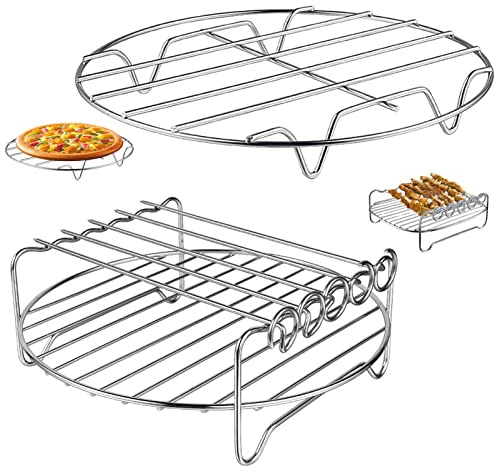 Air Fryer Rack für Air Fryer Ofen, 2 Stück Mehrzweck Air Fryer Zubehör Metall Doppelschicht Drahtrost mit Spieß für Ninja, Power XL, Cosori, Instant Pot, Gourmia, Chefman, Spülmaschinenfest
