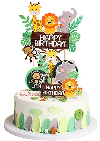 IRYNA Birthday Cake Toppers Jungle Animal Cake Toppers Happy Birthday Cake Decoration for Giraffe Lion Monkey Elephant Theme Birthday Party Decorations Supply (5Pcs) (22M7PH603)