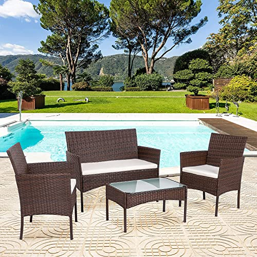 Gimisgu Gartenmöbel Set, 7-teilige Polyrattan Sitzgruppe, Braun, Balkonmöbel aus Tisch, Sofa, 2 Sesseln, Lounge-Set Wetterfest Bequem Gartenlounge für 4-5 Personen