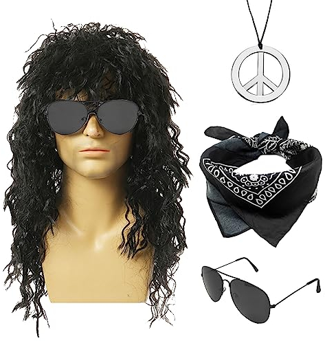 MIVAIUN 4 Stück Rock Perücken Set 70er 80er Jahre Disco Perücken Kostümzubehör für Damen Herren Hippie Kostüm Set Vokuhila Perücke Bandana Peace Halskette Sonnenbrille für Halloween Karneval (Schwarz)