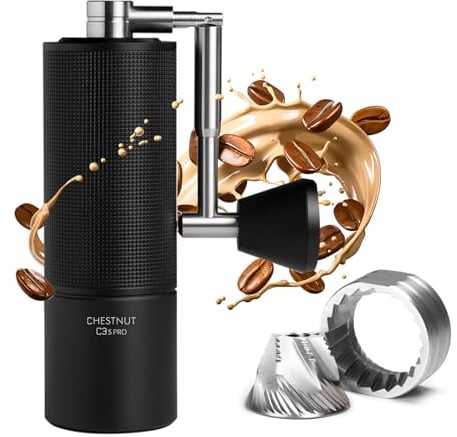TIMEMORE Coffee Grinder Manual Stainless Steel Conical Burr Coffee Grinder with Foldable Handle, Chestnut C3S PRO Internal Adjustable Setting Capacity 20g for Pour Over French Press Coffee Black