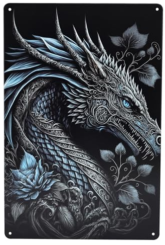Blechschild Drache - Blauer Rosendrache 30 cm - Fantasy Wand Deko Schild Metallschild Gothic Blech Metall