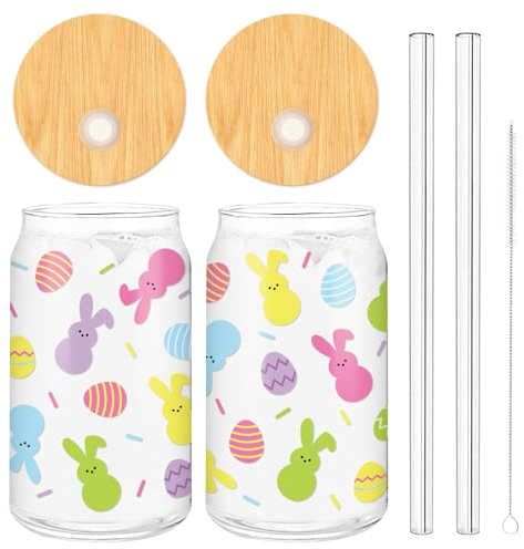 Whaline 2 Stück Ostern Trinkgläser Osterei Häschen Gläser Tasse mit Deckel Strohhalm Bunte Urlaub Eis Kaffee Tasse Bierglas Dose für Ostern Frühling Dekor Geschenke, 473 ml