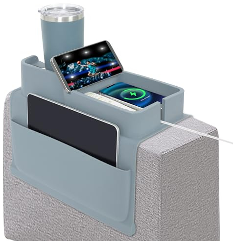 ROLIZOE Silicone Sofa Arm Tray with Dual Side Pockets Anti-Slip Couch Cup Holder with Phone Holder Weighted Sofa Armrest Tray Arm Chair Cup Holder for Cup Phone Tablet Remote Control Snack, Light Grey