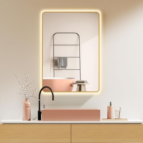 HOKO LED Badspiegel 100x70 cm Mexico mit Goldener Metallrahmen, HOCH+QUER Montage Ganzkörperspiegel. XL Spiegel + Touch Schalter + Licht Wechsel 2700-6500K, Warmweiß-Kaltweiß-Neutral