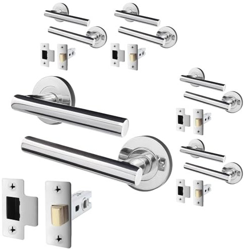 EAI Door Handle Latch Set Polished Chrome - Pack of 5 | Round T-Bar Internal Door Handles & Latch (64mm) | Silver Lever on Rose Oliena Range