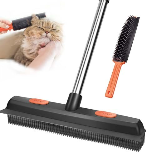 Squeegee-Adjustable-Removal Rubber Broom with Squeegee - Telescopic Handle Pet Hair Remover Brush for Floors, Carpet, Windows, Indoor Outdoor Cleaning Tool