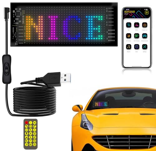 Car LED Sign - 17x7 CM Bluetooth App/Remote Control Flexible Programmable Scrolling LED Sign, USB 5V Custom Text Pattern Led Display Board Matrix Panel, Car Gadgets for Bar Party Truck
