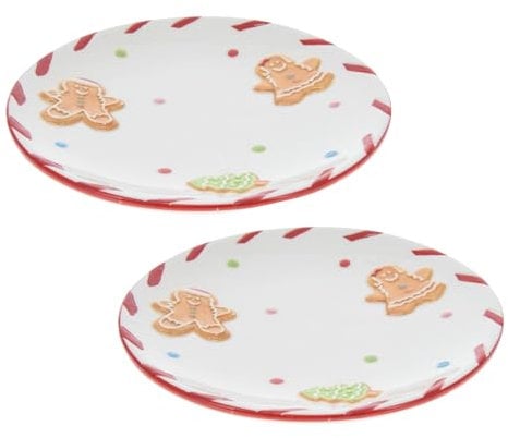 Carousel Home Set of 2 Round Ceramic Christmas Gingerbread Plates | Festive Serving Dishes Christmas Serving Plates | Christmas Tableware Xmas Snack Plates - 16cm