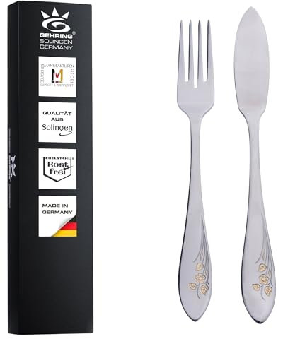 SOLINGEN I Gehring Flower Fischbesteck - Fischmesser & Fischgabel I Made in Germany, Edelstahl 18/10, Dekorvergoldet, Set für 6 Personen, 12 teilig