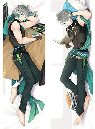 JACCOS Anime Kissenbezug Für Genshin Impact Alhaitham,Seitenschläf Dakimakura Anime Bedruckt Muster Kissenbezug,Body Kissenbezug Kissenhülle,Umarmungskissen Bezug,Peachskin-150x50cm