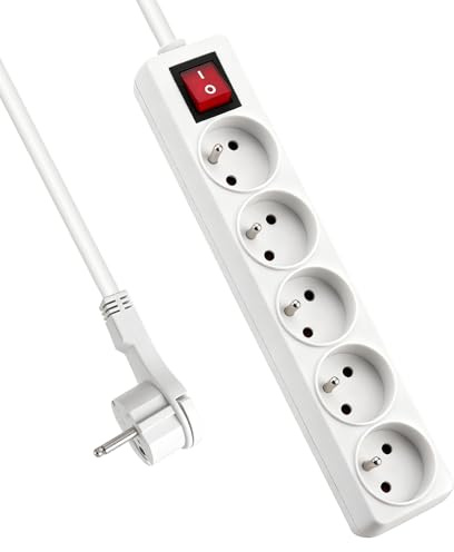 EXTRASTAR Bloc Multiprise 5 Prises 16A avec Interrupteur, Fiche Plate 3.0 m Blanc
