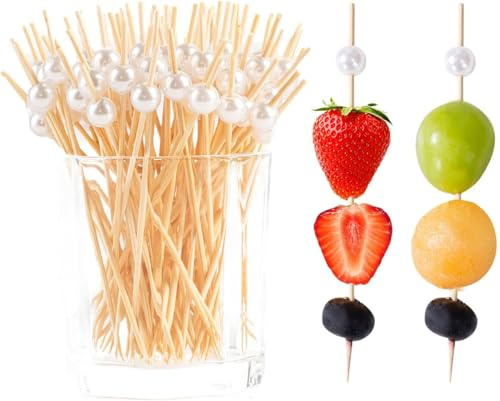 ALINK Weiße Perlen Cocktailspieße,100 Stück Spieße Fingerfood Kinder,12cm Perlen Cocktail Deko Hochzeit Holzspieße,Cocktail Sticks Zahnstocher Holz,Obstspieße Käsespieße Partyspieße für Geburtstag