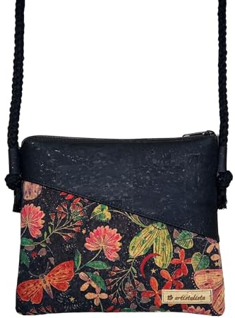 artistalista Umhängetasche aus Kork Nachtfalter, handgefertigt | Damen Schultertasche, kleine Tasche mit Kordel, Handmade in Germany