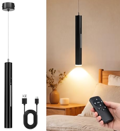 Aukimo Battery Operated Pendant Light, Rechargeable Hanging Light with Remote, 5000mAh Wireless Chandelier with Timer, 2700K/4000K/6000K Dimmable for Kitchen Island Bedroom Hallway, Black