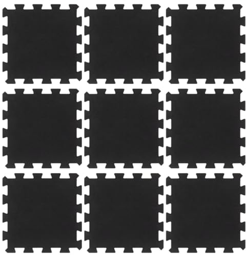 QUAHEAS Piastrelle in gomma da 16 mm di spessore, 30 x 30 cm, 9 pezzi, colore nero, antiscivolo, con isolamento acustico e tappetino protettivo per il pavimento, per dispositivi fitness come tapis