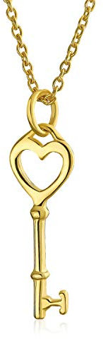 Bling Jewelry Simple clé romantique pour votre cœur, pendentif collier clé cœur ouvert pour femmes, adolescentes, petite amie, plaqué or jaune 14K, argent sterling .925