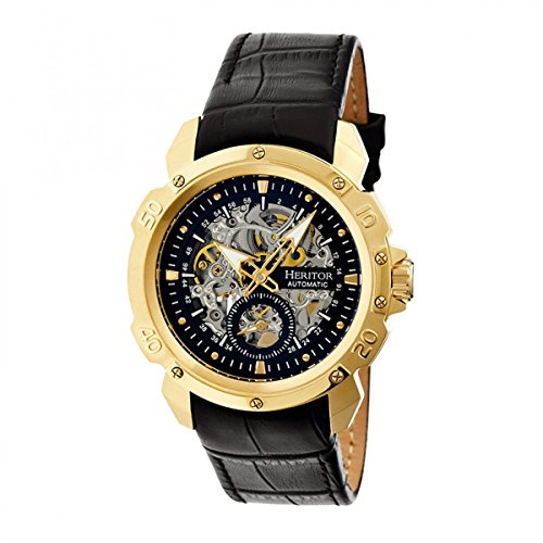 HERITOR Conrad Automatic Watch for Men – 42mm Men's Skeleton Watch with Jeweled Automatic Movement, 316L Stainless Steel Case, Genuine Leather Strap (HERHR2505) – Gold/Black