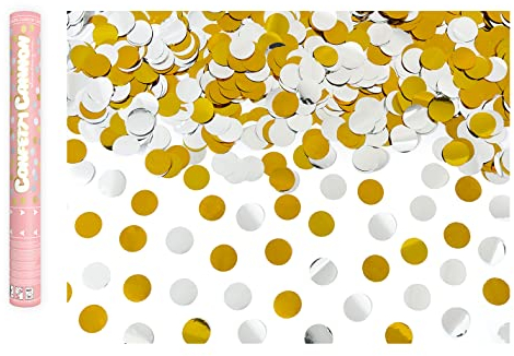 Konfetti Kanone Kreise 40cm Konfettikanone Party Popper Geburtstag doppelseitig Silber Gold/Party Deco Gastgeschenk, Hochzeitsbox mit Rosenherz - 24 x 24 x 24 cm