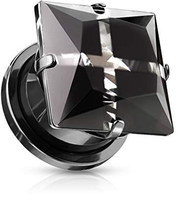 beyoutifulthings Ohr-Tunnel Zirkonia Quadrat Kreuz Schwarz Clear Ohr-Piercing Edelstahl Ohr-Schmuck Screw Fit Flesh Plug Schraub-Verschluss 14mm