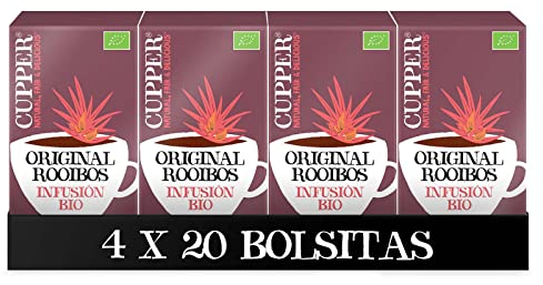 Cupper - Pack de 4 Cajas de 20 Bolsitas de Infusiones Ecológicas Original Roiboos - Propiedades Refrescantes y Digestivas - No Contiene Teína de Forma Natural - Apto para Veganos