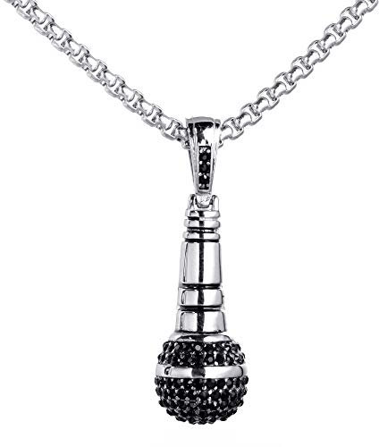 PAURO Men's Stainless Steel Hip Hop Diamond CZ Microphone Pendant Charm Necklace with Chain 24 Inch, Silver Black Large