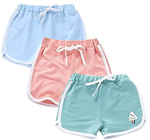 Rolanko Enfant Shorts Fille Sports Coton Danse Short Gymnastique Été D'entraînement Hot Pant pour La Course Lot De 2 (Bleu Ciel Rose Vert, Taille:120, 5-6 Ans)