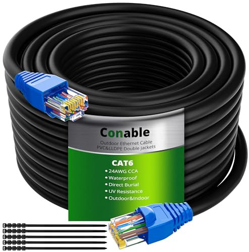 Cat6 Outdoor Ethernet Cable 100 Feet, Conable Heavy Duty Internet Network LAN Cable, Supports Cat 6 Cat5e Cat5 Standard, Waterproof UV Resistant Douable Jacket, POE, Direct Burial with 25 Ties-100 ft
