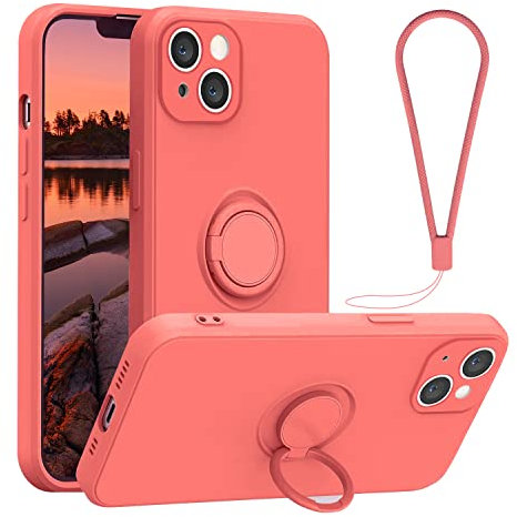 Inbeage Silicone Ring Holder Case for iPhone 13,Full Body Protection,360° Kickstand Case with Hand Strap,Support Magnetic Car Mount,6.1 inch 2021 (Cranberry Red)