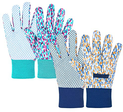 Ainiv Handschuhe für Garten, 2er Set Gartenhandschuhe, Antirutschbeschichtung Arbeitshandschuhe, Einheitsgröße Arbeitshandschuhe mit PVC-Punkten und reißfester Canvas-Stulpe Zum pflanz & Gartenarbeit