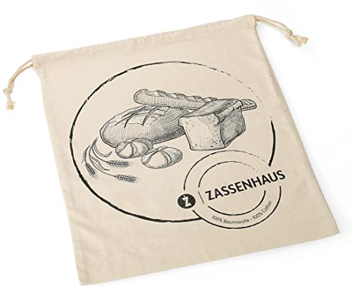Zassenhaus Brotbeutel | 100% Baumwolle | 38 x 46 cm | 30° waschbar | Kordelzug | wiederverwendbar | Aufbewahrung von Brot und Brötchen | Frischhaltebeutel für Brot | Brotbeutel Tasche