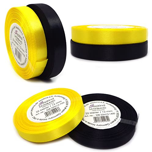 Set zwei Farben Schwarz und Gelb Satinband Schleifenband Dekoband Band Bastelband Zierband Satin (12 mm)
