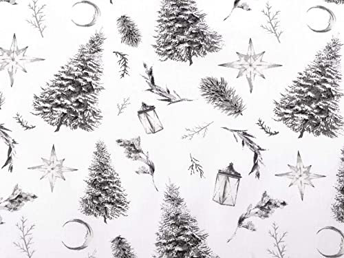 Baumwollstoff mit Weihnachtsmotiv 50 cm Schritte - 160cm Breite - Tannenbaum, Laterne, Sterne - weiß-grau (2)