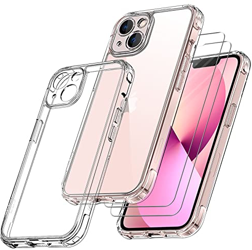 Qasyfanc Funda Compatible con iPhone 13, Carcasa Silicona PC con Protección de La Cámara y 2 Protector Pantalla, TPU Protección Militar Anti-Choque, Anti-Arañazos Caso, Transparent