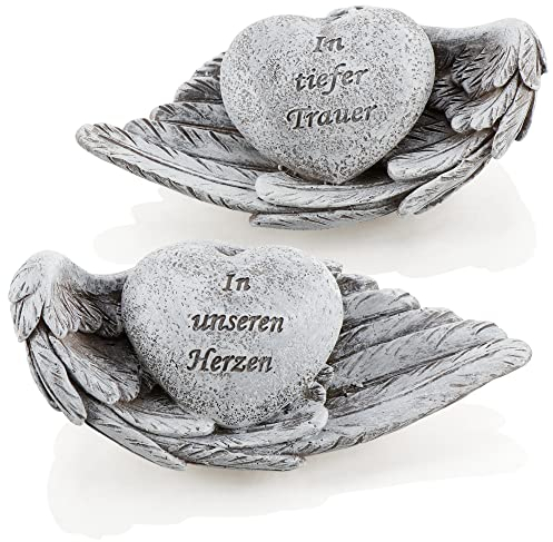 com-four® 2X Coeur de décoration de Tombe avec Inscription sur Les Ailes - Pierre commémorative en Forme de Coeur sur Les Ailes d'ange - décoration de Tombe (2 pièces - Coeur sur Aile)