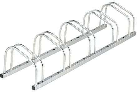 Relaxdays Fahrradständer Boden, für 5 Fahrräder, bis 50 mm Reifenbreite, Metall, Garage, Fahrrad-Aufstellständer, silber