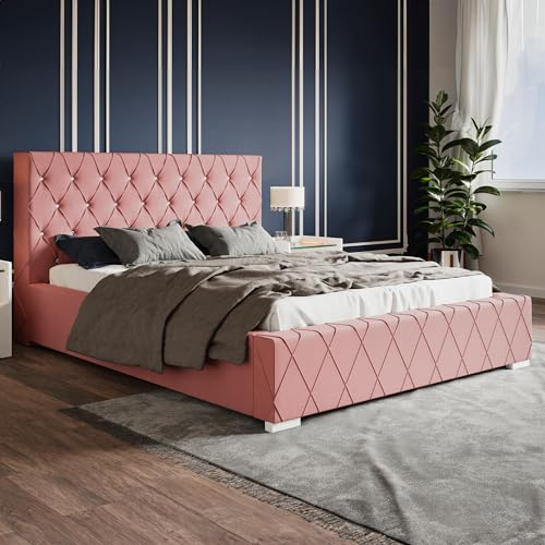 MOTIVENA Niko Polsterbett 180x200 mit Bettkasten, Bett 180x200 mit Lattenrost, Bett 180x200 mit Stauraum, Stauraumbett 180x200, mit Kopfteil, mit Strasssteinen, ohne Matratze, Samt, Rosa