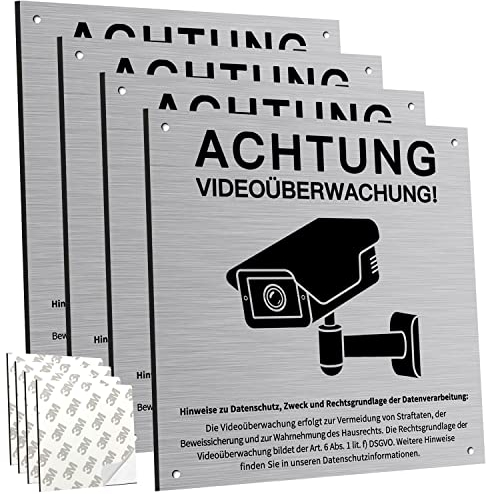 Cartel de videovigilancia privada con aviso del RGPD, 4 unidades, 15 x 15 cm, cartel de vigilancia de vídeo, para cámara de vigilancia o cámara, interior y exterior (compuesto de aluminio)