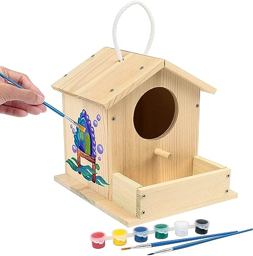 LotFancy Bird House Kit, DIY Wooden Birdhouse Kits, Arts and Crafts Painting Kits for Kids Ages 5+, Build and Paint, Including Paints and Brushes