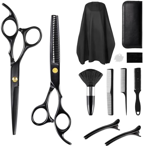 Ciseaux Coiffure Set, Ciseaux à Effiler Professionnel Hair Cutting Scissors kit pour Homme Femme Enfant, Cape de Coiffure, Peigne, Barrette, Accessoires de coiffure pour Cheveux et Barbe