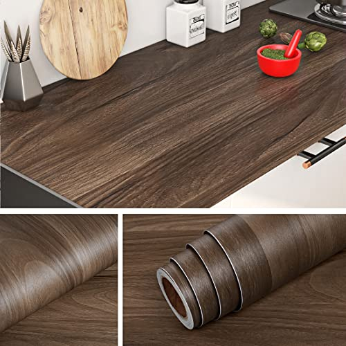 Livelynine Folie Arbeitsplatte Küche Holzoptik 40CMx5M Klebefolie Möbel Holzoptik Dunkelbraun Möbelfolie Selbstklebend Holz Dunkel für Küchenfronten Schrank Tischplatte Selbstklebende Tapete Holzoptik