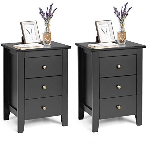 COSTWAY 2er Set Nachttisch mit 3 Schubladen, Nachtschrank für Boxspringbett, Beistelltisch, Nachtkommode für Wohnzimmer Schlafzimmer, Schwarz, 46 x 37 x 65 cm