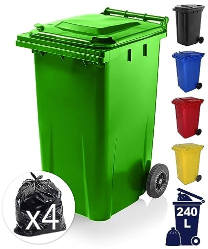 EXPRESS WHEELIE BINS - Outdoor Wheelie Bin for Household Waste Recycle Trash and Rubbish 240L Litre Small Council Size Green with Rubber Wheels