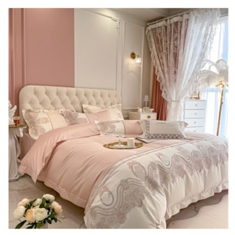 DRMEE Bettwäsche Vierteiliges Set Mit Bestickter Langstapel-Baumwolle Für Den Haushalt, Bettwäsche-Set Aus Satin, Bettlaken Bettwäsche-Set (Color : Rosa, Size : King)