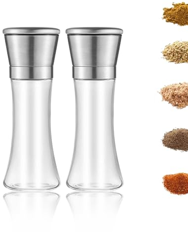 ChioSun Salt and Pepper Grinder - 2 Pcs Glass and Stainless Steel Pepper Mill - Adjustable Ceramic Grinder Mechanism - Stylish Spice Grinder Kit (7.5in*2.5in)